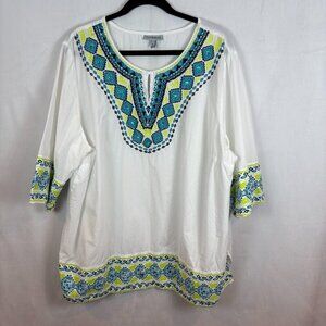 Catherine's Women's White Blue‎ Embroidered Beaded Boho Peasant Blouse Size 2X